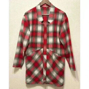 Entro Womens Plaid Flannel Openfront Cardigan Sz M Red White Shacket‎ Lagenlook